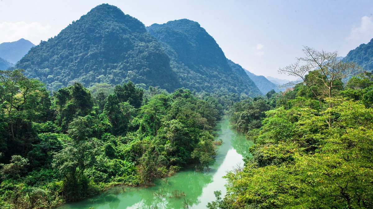 A lush green jungle with a steep mountain and river running through it.