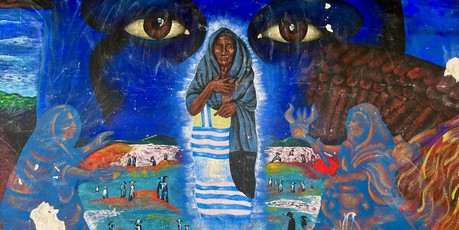 Traditional Mexican art showing Maria Sabina with mushrooms